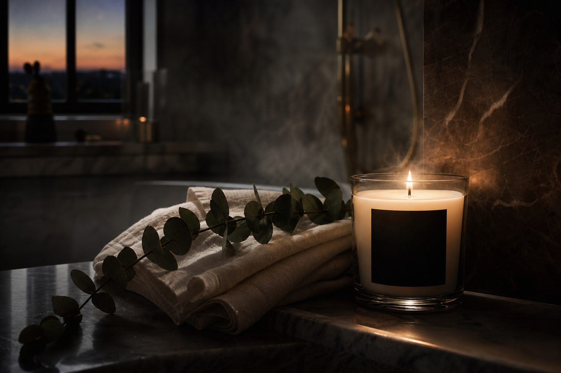 A candle burning beside folded linen at dusk
