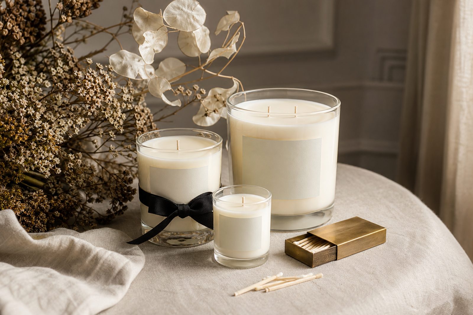 Three ivory candles in graduated sizes on a linen table