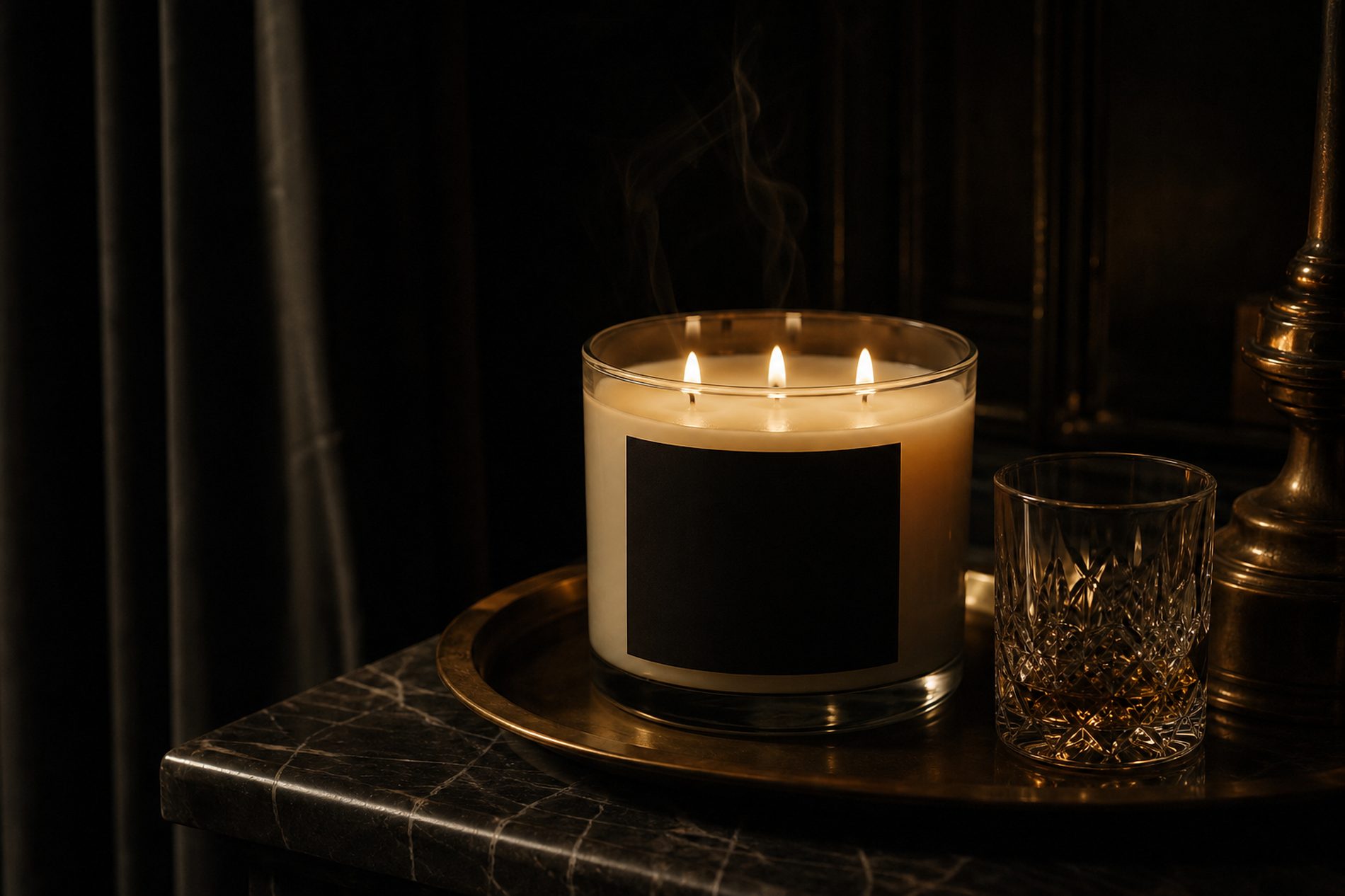 A three-wick luxe candle burning on a marble ledge in a dark room